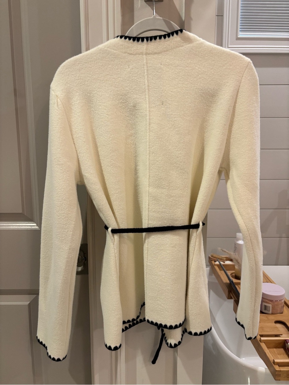 Anthropology Cream Cardigan with Black Trim and Tie Waist - Picture 3 of 5